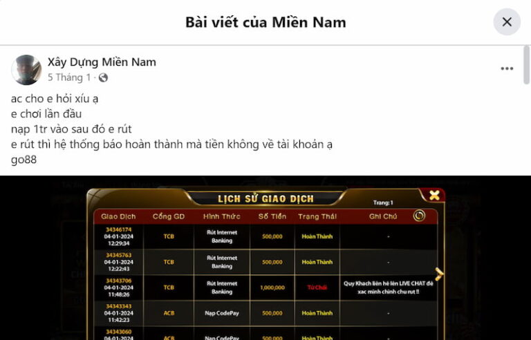 Ngày 19/04/2024 - Rút tiền Go88, hệ thống báo hoàn thành nhưng tiền chưa về